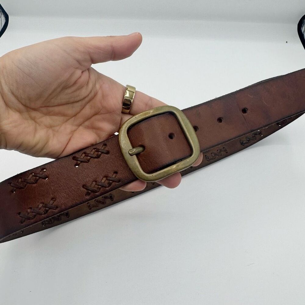 Vintage Y2K American Eagle Brown Woven Leather Belt Brass D Buckle Women Medium - Picture 2 of 7